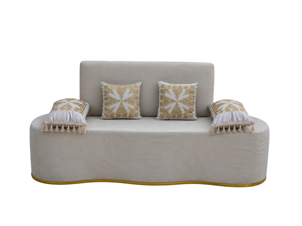 Canapé velours beige avec coussins